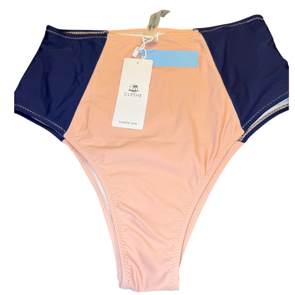 Cupshe Womens High Waisted Bikini Bottoms Navy Blue Peach‎ Colorblock Medium